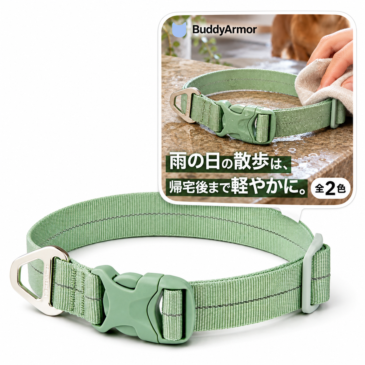 BuddyArmor 雨天対応・反射付き防水首輪｜犬用 商品と使用イメージ