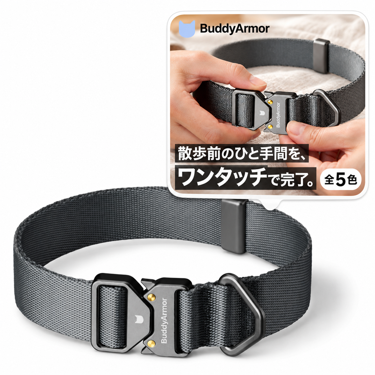 BuddyArmor ワンタッチ着脱首輪｜犬用 商品と使用イメージ